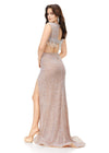 Back view. Nude ASHLEYlauren 11282 glamorous two-piece fully sequin gown featuring a crew neckline, cap sleeves, intricate bead pattern draping from the bustier, and a fitted skirt with a left leg slit for a vintage-inspired, show-stopping look.
