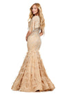 Back view. Nude ASHLEYlauren 11431 Classy Fully Beaded Gown with Crew Neckline, Sheer Asymmetrical Cape Overlay, Feather-Embellished Skirt, and Mermaid Silhouette