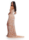 Back view. Nude ASHLEYlauren 11649 One Shoulder Fully Beaded Gown with Intricate Beading, Side Cut Out, Feather Cuff Detail, Left Leg Slit, and Sweep Train