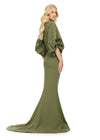 Back view. Olive ASHLEYlauren 11740 Timeless Fitted Scuba Gown with Elegant V-Neckline, Embellished Balloon Sleeves, Press On Stone Accents, and Wrap Skirt Design