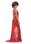 Back view. Orange ASHLEYlauren 11280 daring one shoulder gown featuring an intricate bead pattern, scattered fringe accents, bold side cut outs, and a left leg slit for a striking and glamorous statement look.