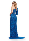 Back view. Peacock ASHLEYlauren 11649 One Shoulder Fully Beaded Gown with Intricate Beading, Side Cut Out, Feather Cuff Detail, Left Leg Slit, and Sweep Train
