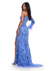 Back view. Periwinkle ASHLEYlauren 11649 One Shoulder Fully Beaded Gown with Intricate Beading, Side Cut Out, Feather Cuff Detail, Left Leg Slit, and Sweep Train