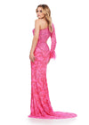 Back view. Pink ASHLEYlauren 11649 One Shoulder Fully Beaded Gown with Intricate Beading, Side Cut Out, Feather Cuff Detail, Left Leg Slit, and Sweep Train