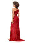Back view. Red ASHLEYlauren 11288 stunning one shoulder fully hand-beaded gown featuring modern cut outs, criss cross waist straps, a left leg slit, and a sweep train for a bold and statement-making entrance.