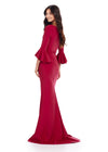 Back view. Red ASHLEYlauren 11325 Timeless Evening Gown with Scoop Neckline, Flutter Three Quarter Length Sleeves, Ruched Detailing, and Flowing Sweep Train