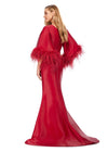 Back view. Red ASHLEYlauren 11381 Fit and Flare Phantom Satin Gown with Modern Scoop Neckline, Feather Detailed Flare Sleeves, and Horsehair Hem Skirt