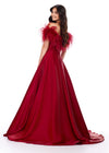 Back view. Red ASHLEYlauren 11382 Elegant Off Shoulder Ball Gown in Phantom Satin with Feather Accent Neckline and Flowing A-Line Skirt
