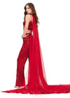 Back view. Red ASHLEYlauren 11385 statement two-piece jumpsuit featuring an intricately hand-beaded bustier and pants, a matching beaded choker, and a dramatic chiffon cape for a bold and fashion-forward look.