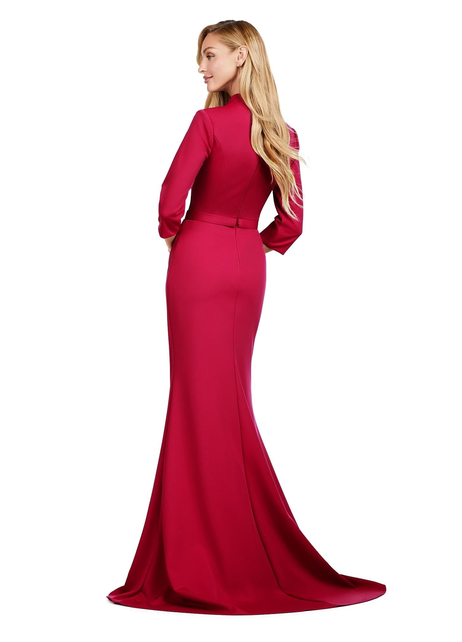 Back view. Red ASHLEYlauren 11418 Elegant Fitted Scuba Gown with Classic Square Neckline, Three Quarter Length Sleeves, Tonal Waist Belt, and Mermaid Skirt