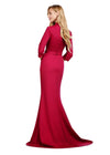 Back view. Red ASHLEYlauren 11418 Elegant Fitted Scuba Gown with Classic Square Neckline, Three Quarter Length Sleeves, Tonal Waist Belt, and Mermaid Skirt