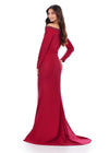 Back view. Red ASHLEYlauren 11450 Chic Long Sleeve Scuba Gown with Asymmetrical Off Shoulder Beaded Neckline and Flattering Ruched Hip Detailing