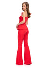 Back view. Red ASHLEYlauren 11699 Scuba Jumpsuit with One Shoulder Neckline, Statement Oversized Bow, and Structured Peplum Waist