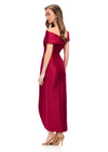 Back view. Red ASHLEYlauren 11719 Elegant Off Shoulder Taffeta Gown with Draped Ruched Bodice, Curve-Enhancing Wrap Skirt, and Centre Front Slit
