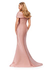Back view. Rose Gold ASHLEYlauren 11300 Elegant Off Shoulder Mermaid Gown in Phantom Satin with Pleated Detail, Fitted Silhouette, and Sweep Train