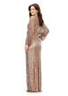 Back view. Rose Gold ASHLEYlauren 11302 Elegant Fully Hand Beaded Sequin Gown with V-Neckline, Flowing Dolman Sleeves, and Intricate Floral Beading at Waistline
