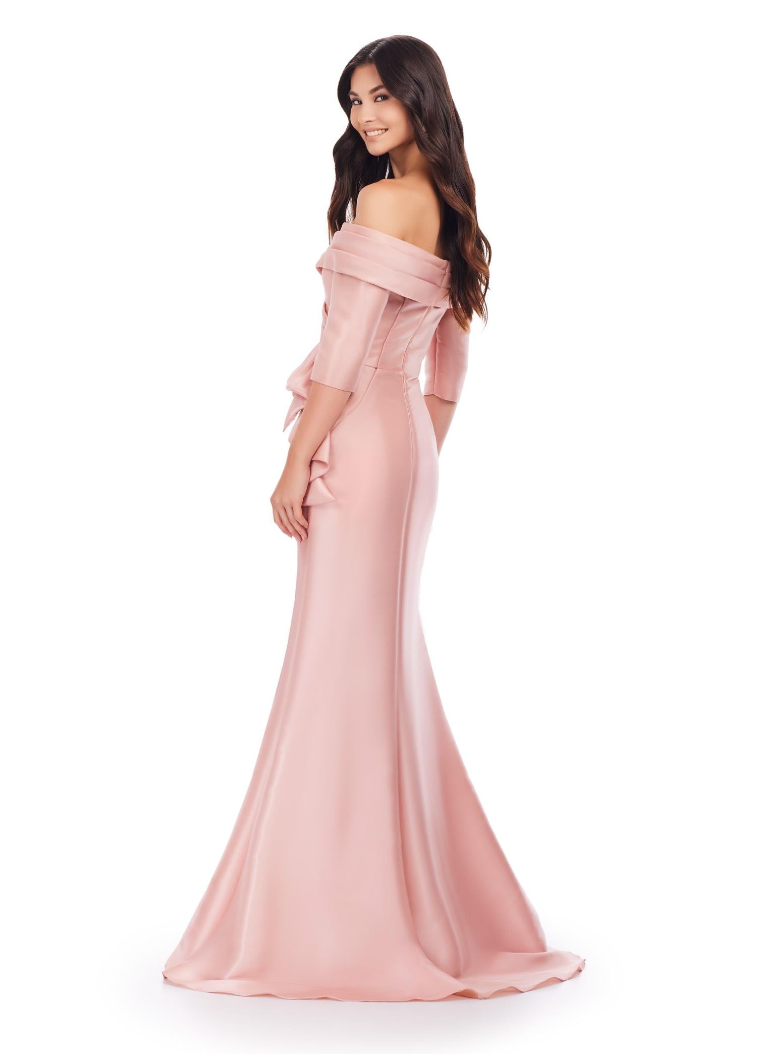 Back view. Rose Gold ASHLEYlauren 11324 Elegant Off Shoulder Fitted Mermaid Gown in Phantom Satin with Statement Ruffle Detail at the Hip