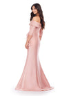 Back view. Rose Gold ASHLEYlauren 11324 Elegant Off Shoulder Fitted Mermaid Gown in Phantom Satin with Statement Ruffle Detail at the Hip