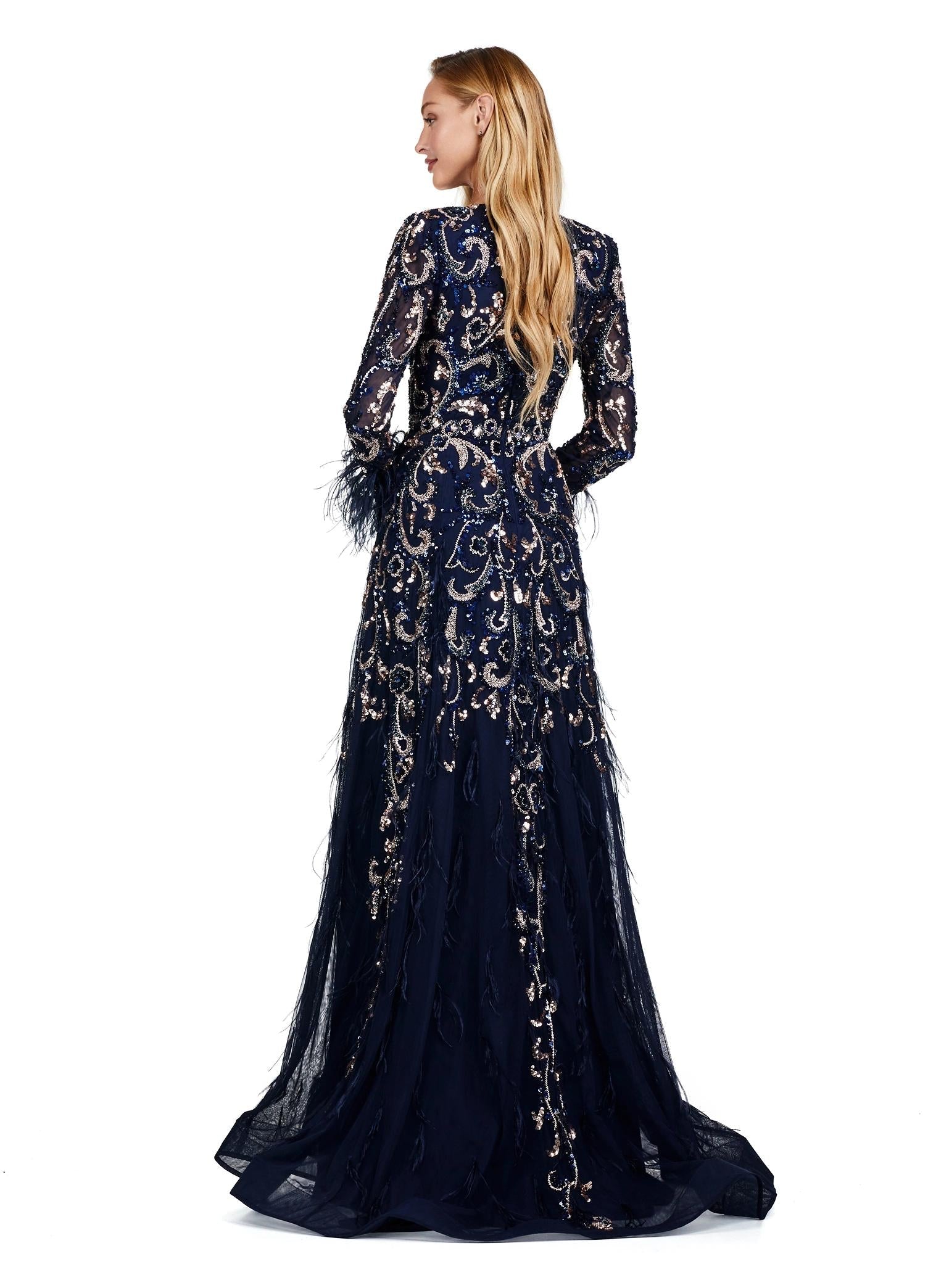 Ashley Lauren ディープVネックフェザー付ロングドレス黒 ASHLEYlauren 11283 - Halter Gown with Beading and Left Leg Slit