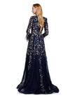 Back view. Rose Gold/Navy ASHLEYlauren 11435 Glamorous Fully Beaded A-Line Gown with V-Neckline, Elegant Long Sleeves, and Feather Trimmed Cuffs
