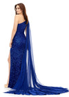Back view. Royal ASHLEYlauren 11371 dazzling one shoulder sequin gown featuring a fully hand-beaded design, a detachable chiffon cape, and a left leg slit, available in vibrant color options for a bold and glamorous statement look.