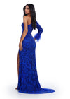 Back view. Royal ASHLEYlauren 11649 One Shoulder Fully Beaded Gown with Intricate Beading, Side Cut Out, Feather Cuff Detail, Left Leg Slit, and Sweep Train
