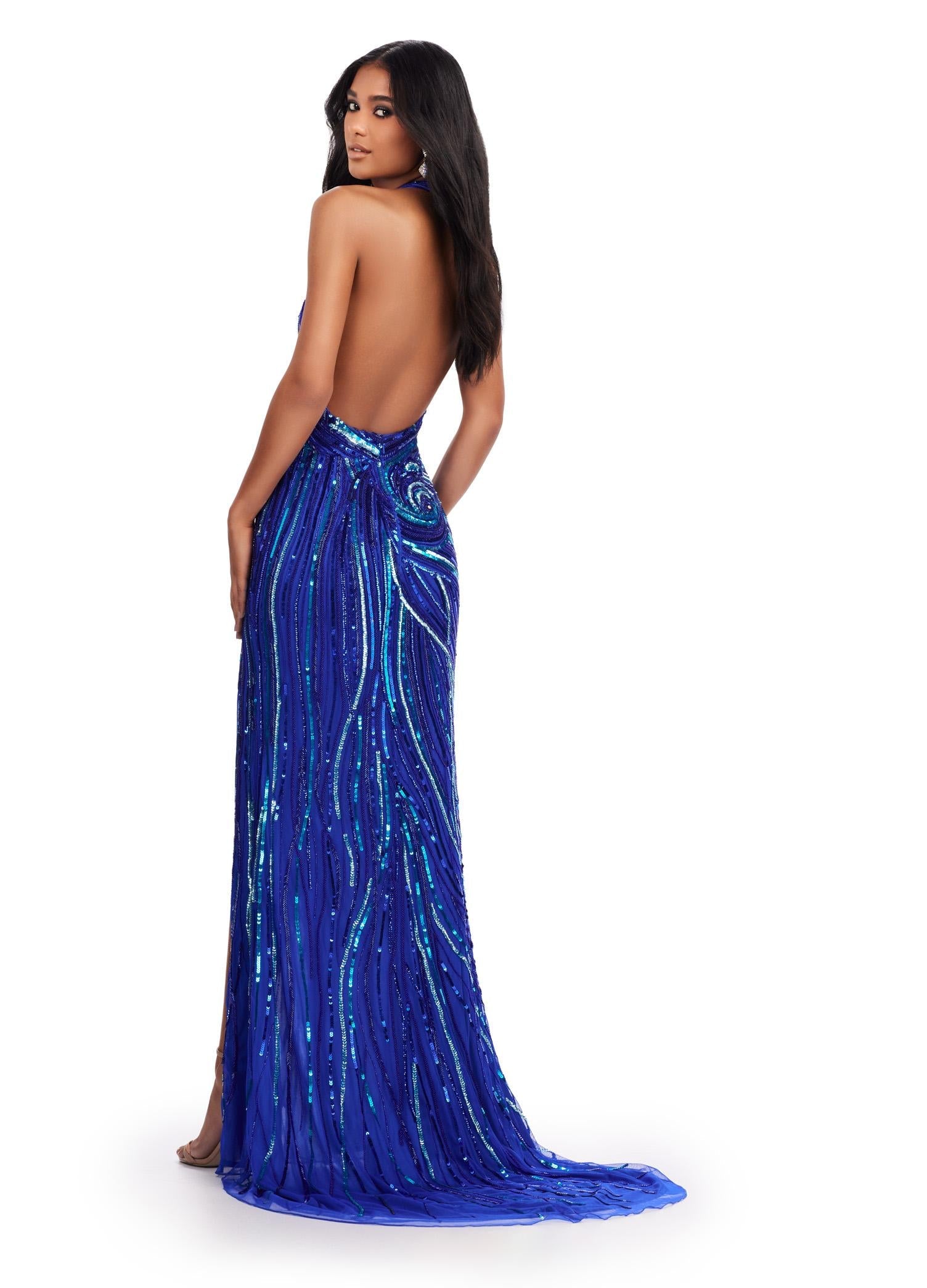 Back view. Royal ASHLEYlauren 11670 Intricately Beaded Gown with Deep V-Neckline, Sheer Side Cut Outs, Open V-Back, and Left Leg Slit