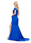 Back view. Royal ASHLEYlauren 11749 Elegant One Shoulder Satin Gown with Beaded Strap Detail, Flattering Ruched Bodice, Left Leg Slit, Wrap Skirt, and Sweep Train