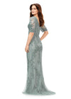 Back view. Sage ASHLEYlauren 11234 Elegant Fully Beaded Gown with V-Neckline, Wrap Style Bustier, and Sheer Ruffled Puff Mesh Sleeves