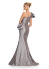 Back view. Silver ASHLEYlauren 11722 Elegant One Shoulder Fitted Mermaid Gown in Taffeta with Statement Ruffles at Hip and Neckline and Ruched Bustier