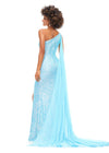 Back view. Sky ASHLEYlauren 11371 dazzling one shoulder sequin gown featuring a fully hand-beaded design, a detachable chiffon cape, and a left leg slit, available in vibrant color options for a bold and glamorous statement look.