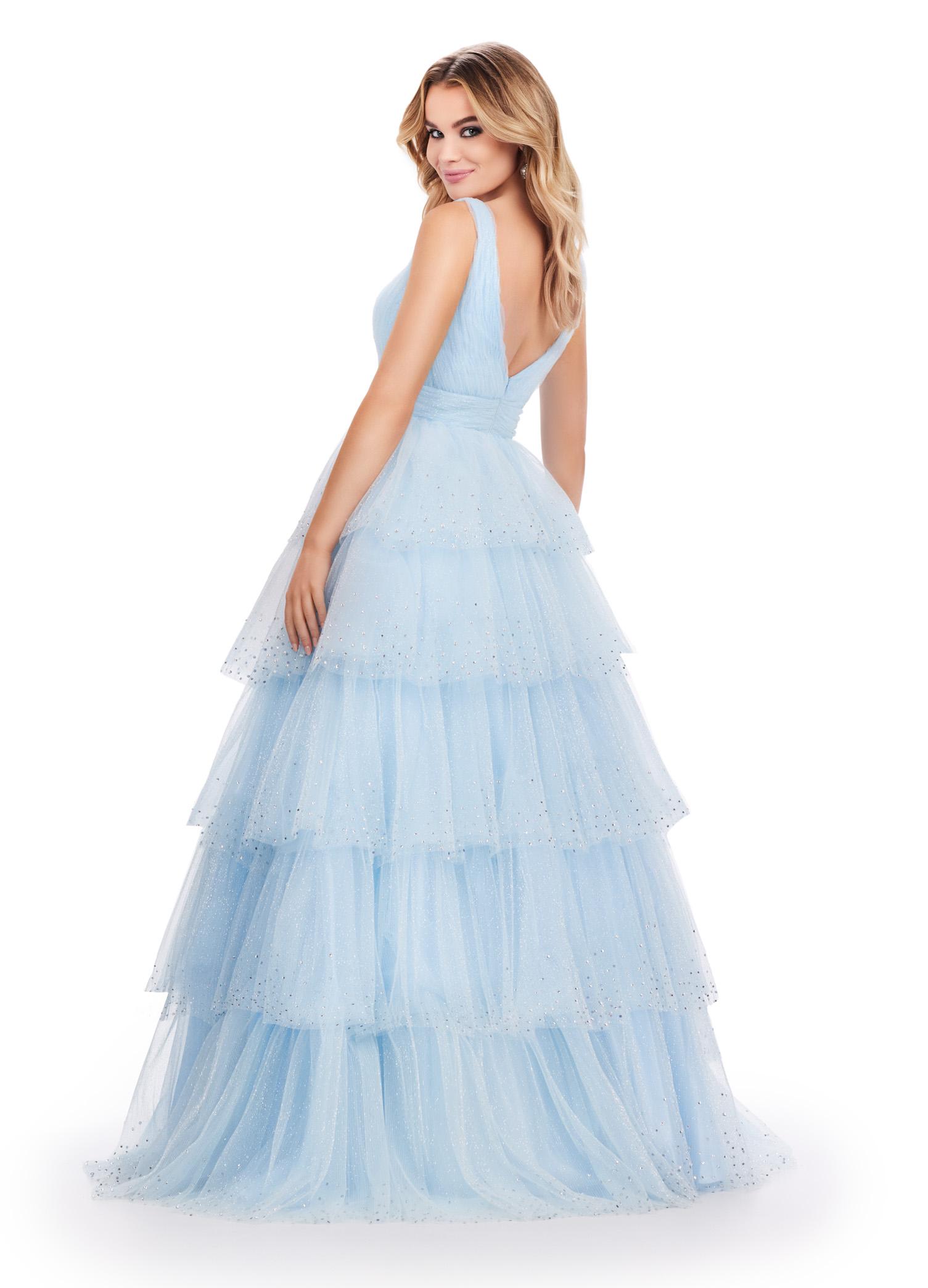Back view. Sky ASHLEYlauren 11672 Sparkling Glitter Tulle Ball Gown with V-Neckline, V-Back, Heat-Set Stones, and Voluminous Multi-Tiered Ruffle Skirt