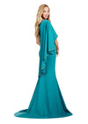 Back view. Teal ASHLEYlauren 11421 Classic One Shoulder Fitted Scuba Gown with Dramatic Ruffle Capelet Adorned in Press On Stones
