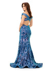 Back view. Turquoise/Royal ASHLEYlauren 11330 elegant off shoulder velvet sequin gown featuring a signature criss-cross back, a fitted silhouette, horsehair hem, and a sweep train for a sophisticated and glamorous look.
