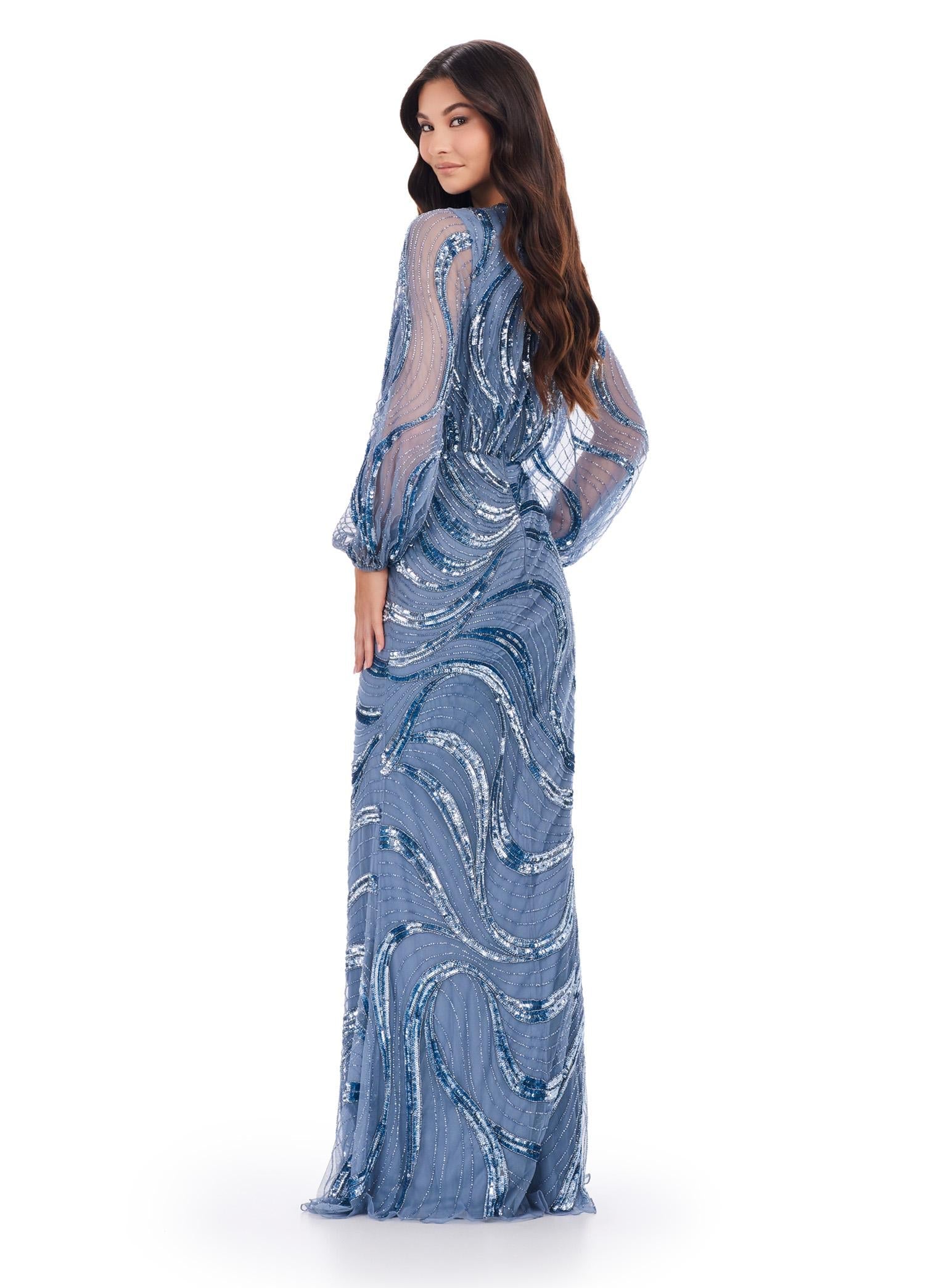 Back view. Vintage Blue ASHLEYlauren 11210 Modern Hand Beaded Gown with V-Neckline, Flowing Balloon Sleeves, Intricate Bead Motif, and High Back