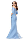 Back view. Vintage Blue ASHLEYlauren 11324 Elegant Off Shoulder Fitted Mermaid Gown in Phantom Satin with Statement Ruffle Detail at the Hip