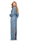 Back view. Vintage Blue ASHLEYlauren 11490 Elegant Fully Beaded Gown with Deep V-Neckline, Flowing Dolman Sleeves, and Glamorous Silhouette