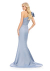 Back view. Vintage Blue ASHLEYlauren 11759 elegant satin gown featuring a one shoulder neckline, dramatic oversized bow detail, and a left leg slit for a timeless silhouette.
