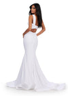 Back view. White ASHLEYlauren 11646 Two-Piece Scuba Gown with Ruched One Shoulder Top, Fitted Skirt, and Structured Horsehair Hem