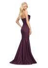 Back view. Wine ASHLEYlauren 11696 Glamorous One Shoulder Satin Gown with Statement Oversized Bow, Asymmetrical Fit and Flare Silhouette, and Mermaid Skirt
