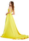 Back view. Yellow ASHLEYlauren 11267 stunning A-line gown featuring delicate spaghetti straps, a sweetheart neckline, eye-catching crystal trim, and asymmetrical ruching on the bustier to accentuate your curves for a glamorous and sophisticated look.