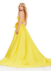 Back view. Yellow ASHLEYlauren 11650 Two-Piece Ball Gown with Intricately Beaded Strapless Bustier, A-Line Taffeta Skirt, and Statement Oversized Bow Detail