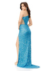 Back view Electric Blue ASHLEYlauren 11288 stunning one shoulder fully hand-beaded gown featuring modern cut outs, criss cross waist straps, a left leg slit, and a sweep train for a bold and statement-making entrance.