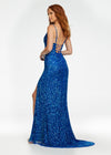 Back - Royal ASHLEYlauren 11037 fully hand-beaded gown featuring adjustable spaghetti straps, a V-neckline, wide waistband to accentuate curves, lace-up back, and a left leg slit for an elegant and figure-enhancing look.