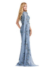 Back view Vintage Blue ASHLEYlauren 11434 Elegant Fully Beaded Gown with One Shoulder Design and Statement Floor Length Sleeve for a Modern Twist on a Classic Look