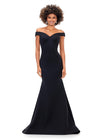 Black ASHLEYlauren 11025 off shoulder scuba gown featuring a sweetheart neckline, signature crisscross strappy back, fitted silhouette, and a sweep train for an elegant and sophisticated look.