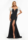 Black ASHLEYlauren 11101 Off-Shoulder Scuba Gown with Sweetheart Neckline, Feather Accents, and Left Leg Slit