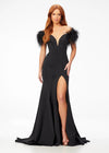 Black ASHLEYlauren 11101 Off-Shoulder Scuba Gown with Sweetheart Neckline, Feather Accents, and Left Leg Slit