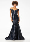 Black ASHLEYlauren 11107 Off-Shoulder Sequin Gown with Criss-Cross Open Back, Fit & Flare Silhouette, and Horsehair Hem