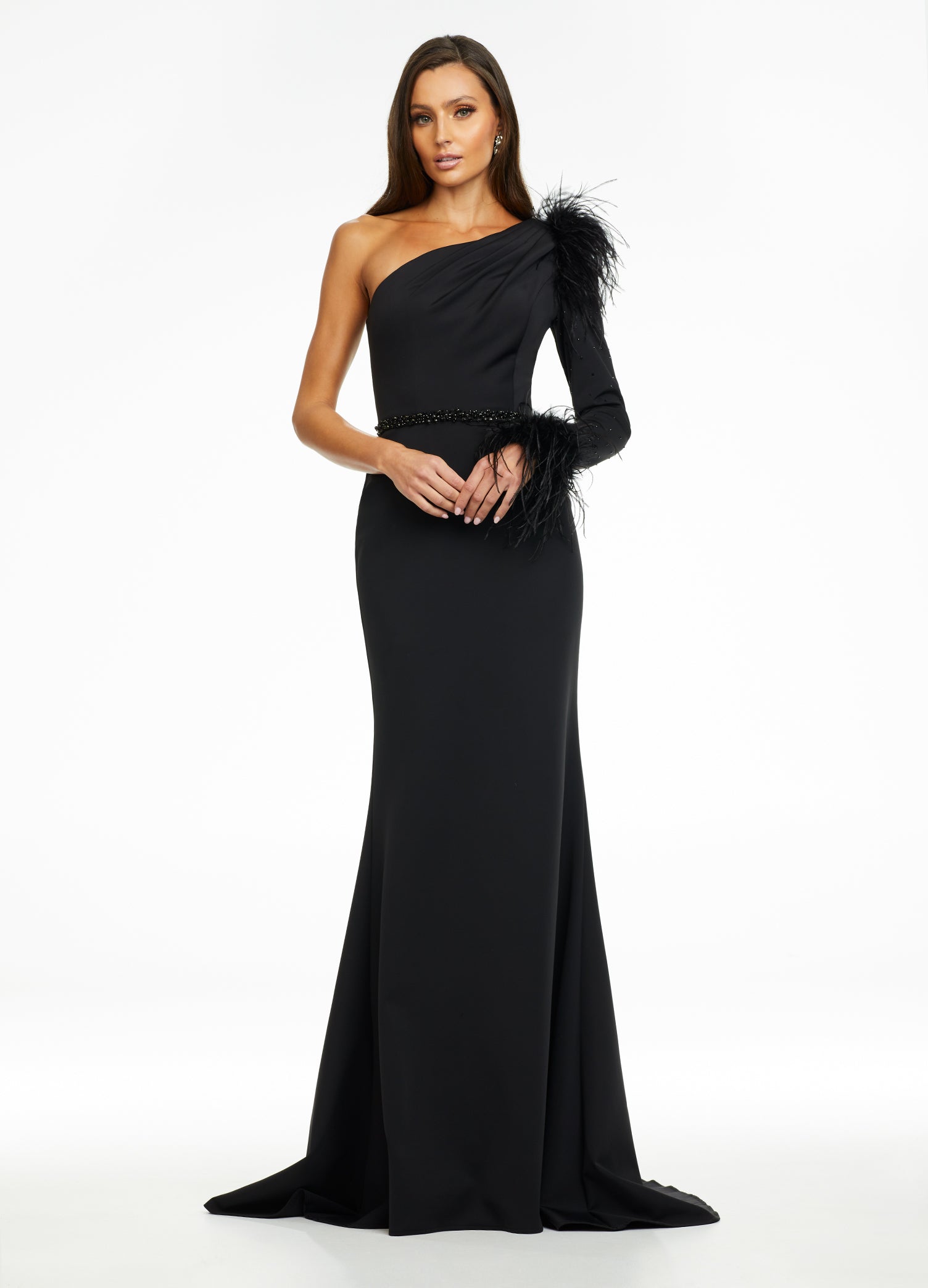 Black ASHLEYlauren 11131 One-Shoulder Scuba Gown with Feather Details, Heat-Set Stones, Crystal Belt, and Elegant Train